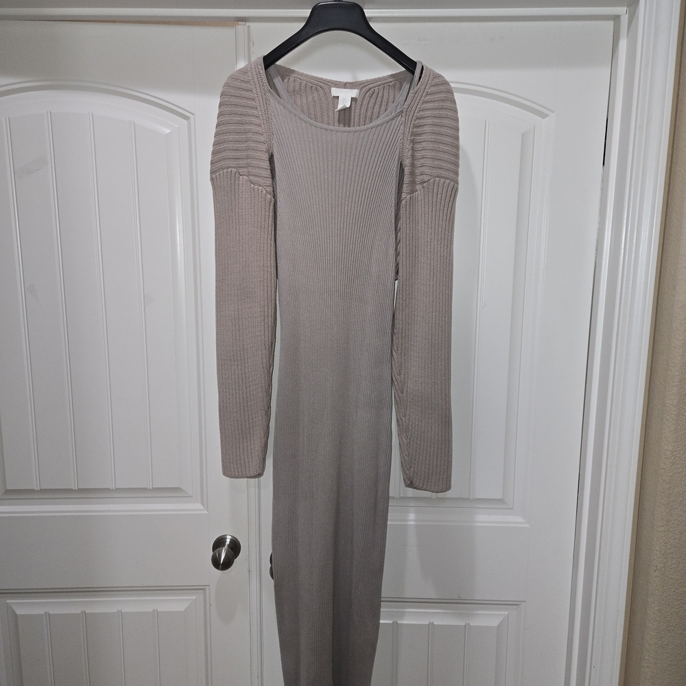 H&M Beige Long Sleeve cable knit Dress Size L EUC